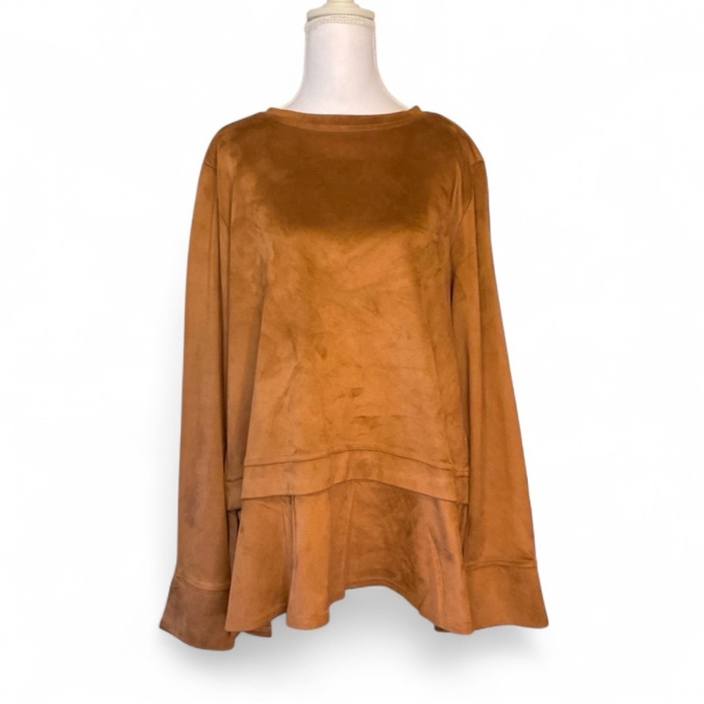 Mishca Faux Suede Peplum Hem Top Camel Brown Pullover Long Sleeve XL